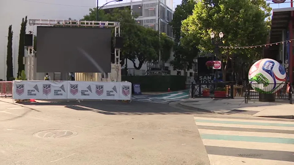<div>A massive soccer ball and TV screen are set up in San Jose's San Pedro Square, the epicenter of Bay Area World Cup watch parties. July 1, 2026</div>