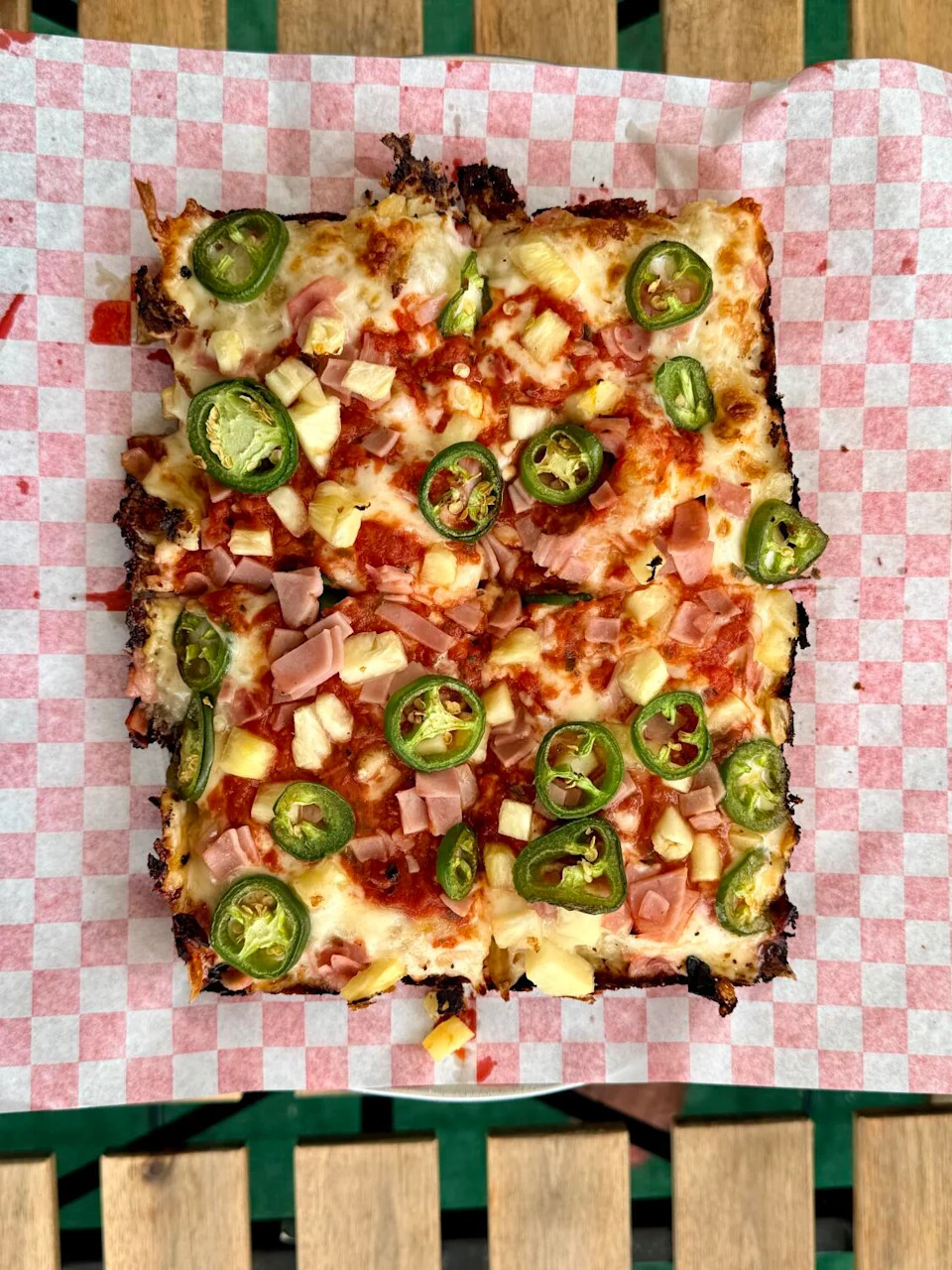 A Detroit-style pizza with pineapples, Canadian bacon and jalapenos from Pizza Cafe L.A. in Silver Lake.