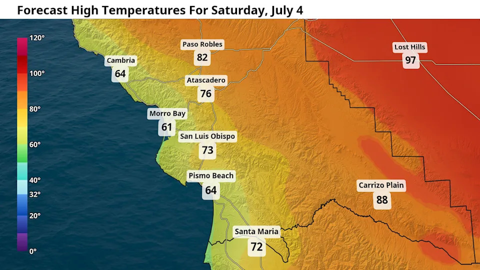 Forecast high temperatures for Saturday, July 4