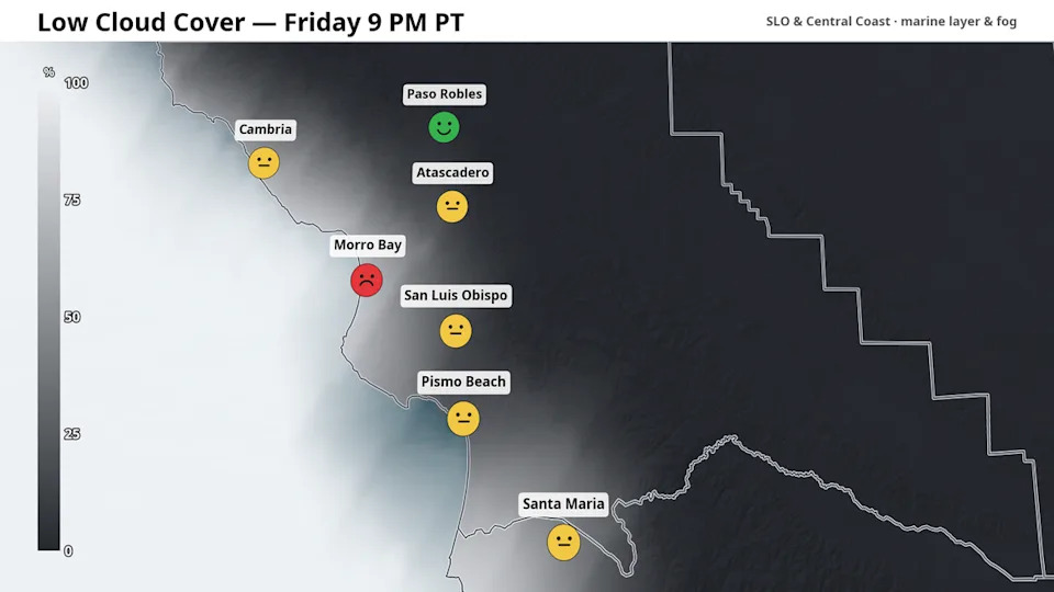 Low clouds and the marine layer on the evening of Friday, July 3. Icons indicate firework viewing conditions.