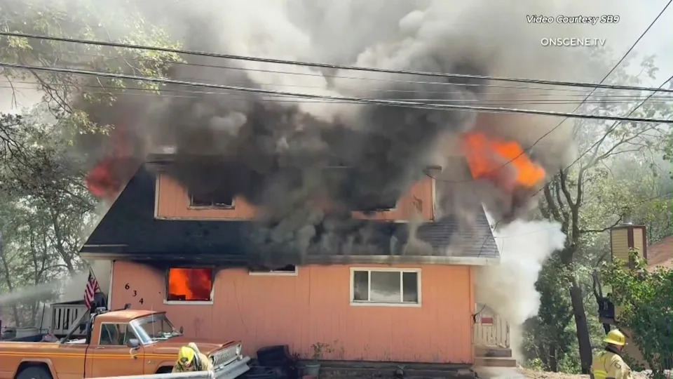 A 46-year-old man was arrested for allegedly burning down his family’s home in Crestline, San Bernardino County after an argument with his brother on July 4, 2026. (OnScene.TV)