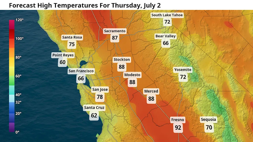 Forecast high temperatures for Thursday, July 2