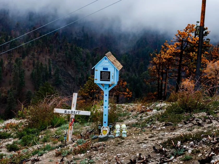 As the fog rolls in and the temperatures dip to single digits a blue wind phone sticks out in the mountainous terrain on a hillside near a road side turnout.