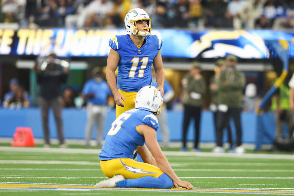 Los Angeles Chargers place kicker Cameron Dicker (11) prepares for a kick during the second half of an NFL football game against the Pittsburgh Steelers, Sunday, Nov. 9, 2025, in Inglewood, Calif. (AP Photo/Jessie Alcheh)