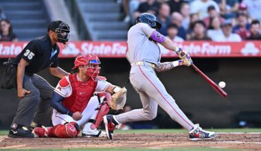 Boston Red Sox's Jarren Duran, right, hits a two-run home run during the second inning of a baseball game against the Los Angeles Angels, Sunday, July 5, 2026, in Anaheim, Calif. (AP Photo/William Liang)