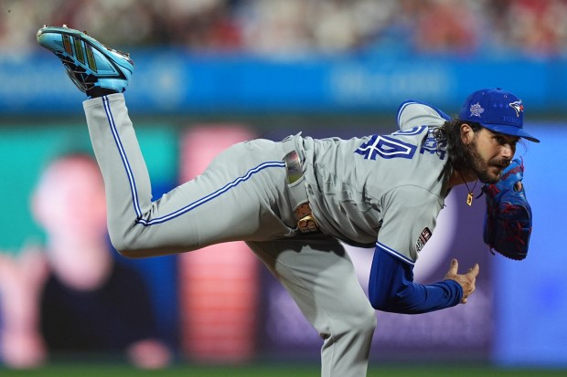 Toronto Blue Jays' pitcher Dylan Cease throws during the first inning of the MLB baseball All-Star Game between the American League and National League, Tuesday, July 14, 2026, in Philadelphia. (AP Photo/Matt Rourke)