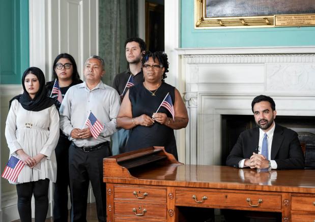 New York City Mayor Zohran Mamdani delivers an address from George Washington's desk.
