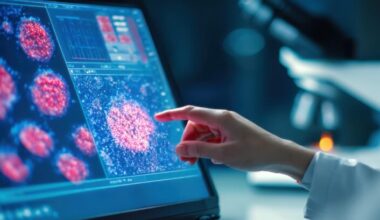 A hand points at a computer screen that shows brightly colored microscope images.