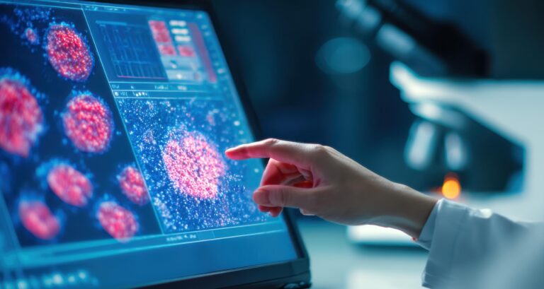 A hand points at a computer screen that shows brightly colored microscope images.