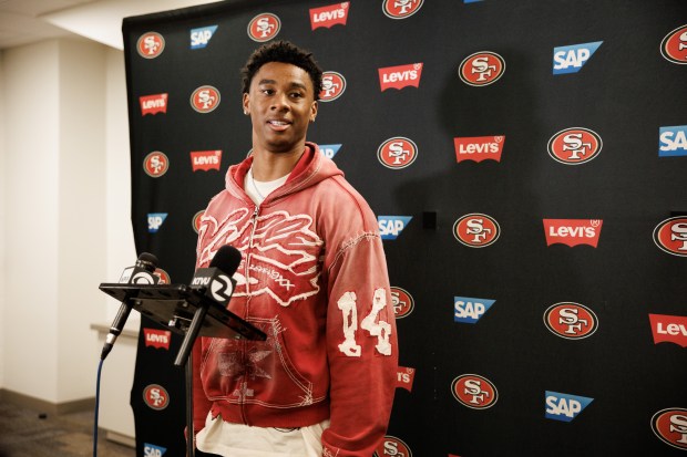 San Francisco 49ers' Ephesians Prysock speaks to the media at Levi's Stadium Thursday, May 7, 2026, in Santa Clara, Calif. (Dai Sugano/Bay Area News Group)