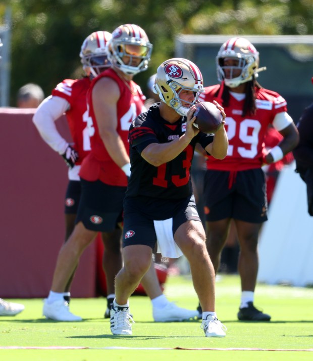 San Francisco 49ers quarterback Brock Purdy (13) takes part in practice on Sunday, July 26, 2026, in Santa Clara, Calif. (Aric Crabb/Bay Area News Group)