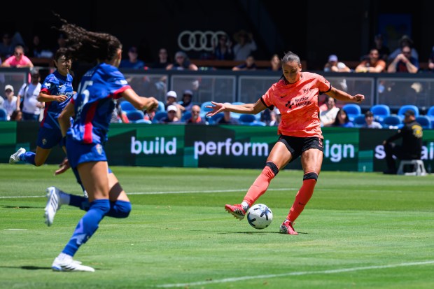 Bay FC's Karlie Lema (5) scores a goal against the North Carolina Courages during the first half of their match at PayPal Park in San Jose, Calif., on Saturday, July 17, 2026. (Jose Carlos Fajardo/Bay Area News Group)