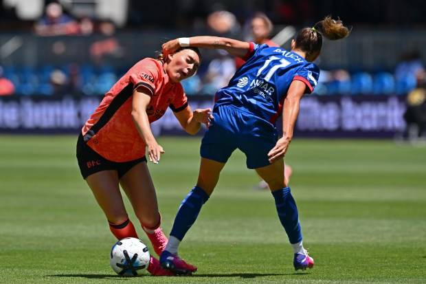 Bay FC's Alex Pfeiffer (17) is fouled by North Carolina Courage's Feli Rauch (11) during the first half of their match at PayPal Park in San Jose, Calif., on Saturday, July 17, 2026. (Jose Carlos Fajardo/Bay Area News Group)