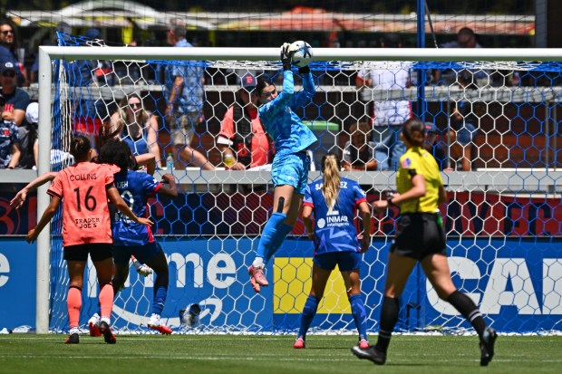 Bay FC goalie Jordan Silkowitz (29) leaps to block a goal attempt by North Carolina Courage during the first half of their match at PayPal Park in San Jose, Calif., on Saturday, July 17, 2026. (Jose Carlos Fajardo/Bay Area News Group)