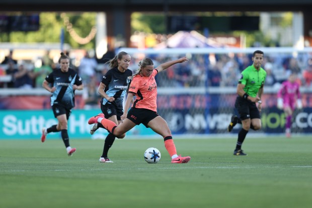 Bay FC forward Alex Pfeiffer winds up to kick the ball during a match against Gotham FC on Wednesday, July 29, 2026 at PayPal Park in San Jose. (Courtesy of Bay FC)