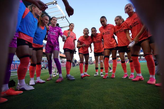 Bay FC players meet before a match against Gotham FC on Wednesday, July 29, 2026 at PayPal Park in San Jose. (Courtesy of Bay FC)