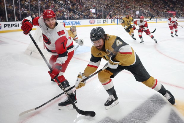 Rasmus Andersson, right, of the Vegas Golden Knights will hit the free agent market on Wednesday. (Photo by Sean M. Haffey/Getty Images)