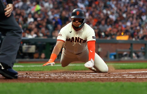 San Francisco Giants' Victor Bericoto (78) steals home plate against the Toronto Blue Jays in the fifth inning at Oracle Park in San Francisco, Calif., on Monday, July 6, 2026. (Nhat V. Meyer/Bay Area News Group)