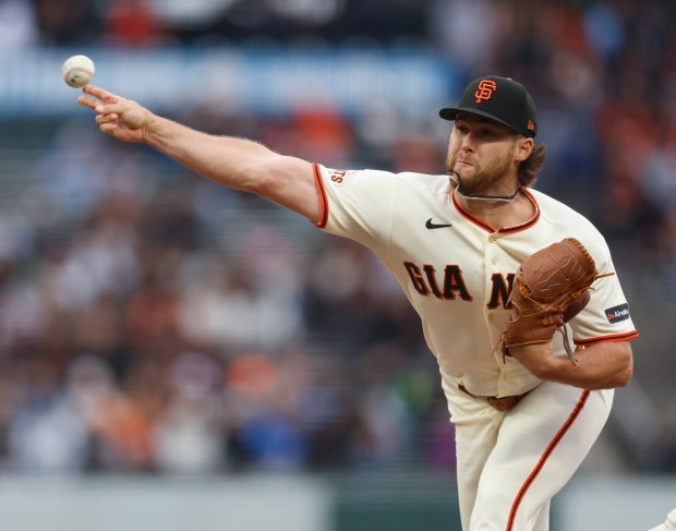 San Francisco Giants starting pitcher Landen Roupp (65) throws against the Toronto Blue Jays in the second inning at Oracle Park in San Francisco, Calif., on Monday, July 6, 2026. (Nhat V. Meyer/Bay Area News Group)