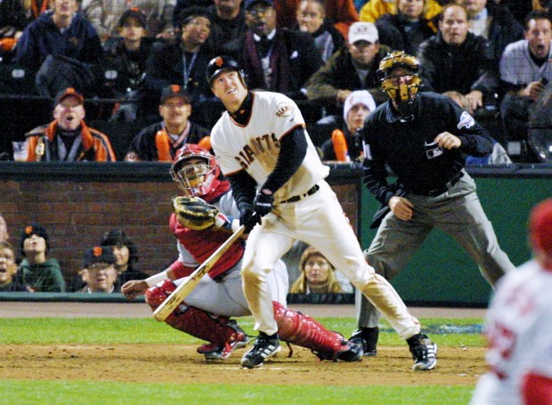 San Francisco Giant Jeff Kent watches his first of two homeruns against the Anaheim Angels during game five of the World Series at Pac Bell Park in San Francisco, CA. on Thursday, October 24, 2002. (Aric Crabb/Bay Area News Group archive)