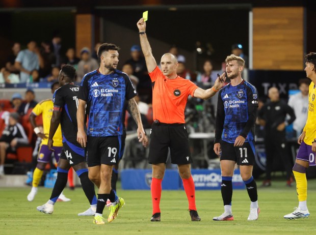 San Jose Earthquakes' Preston Judd (19) receives a yellow card during their game against Orlando City SC in the second half at PayPal Park in San Jose, Calif., on Wednesday, July 22, 2026. (Nhat V. Meyer/Bay Area News Group)