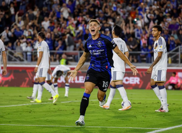 San Jose Earthquakes' Reid Roberts (18) celebrates after scoring a goal against LA Galaxy in the second half at Stanford Stadium in Stanford, Calif., on Saturday, July 25, 2026. (Shae Hammond/Bay Area News Group)