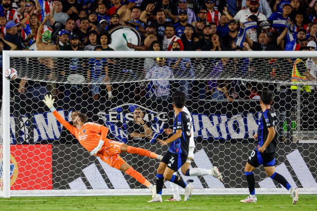 San Jose Earthquakes' Angus Gunn (1) jumps for the ball as it hits the side of the goal during a game against the LA Galaxy in the second half at Stanford Stadium in Stanford, Calif., on Saturday, July 25, 2026. (Shae Hammond/Bay Area News Group)