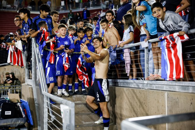 San Jose Earthquakes' Ian Harkes (6) takes a selfie with fans after the San Jose Earthquakes tied against LA Galaxy at Stanford Stadium in Stanford, Calif., on Saturday, July 25, 2026. (Shae Hammond/Bay Area News Group)