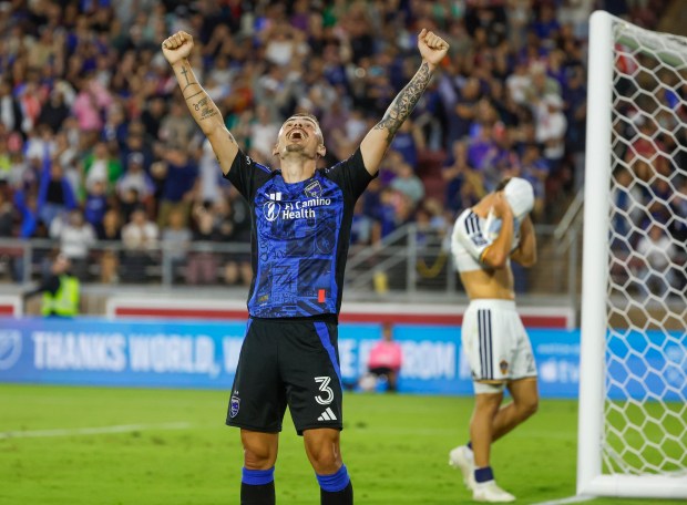 San Jose Earthquakes' Paul Marie (3) celebrates while LA Galaxy's Harbor Miller (26) covers his face after the San Jose Earthquakes are given a penalty kick in the second half at Stanford Stadium in Stanford, Calif., on Saturday, July 25, 2026.  (Shae Hammond/Bay Area News Group)