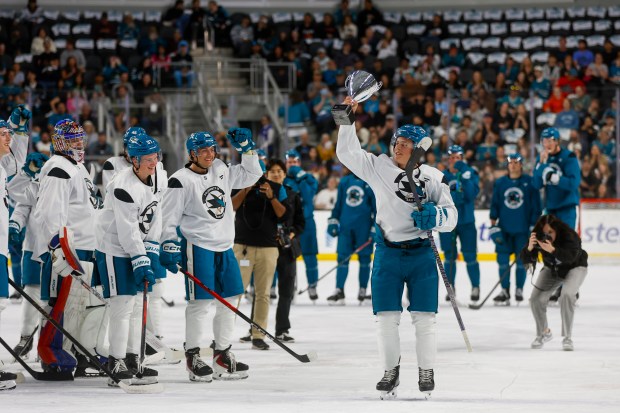 San Jose Sharks' Ivar Stenberg (41) holds up a trophy after playing in the San Jose Sharks' prospects scrimmage at Tech CU in San Jose, Calif., on Thursday, July 2, 2026. (Shae Hammond/Bay Area News Group)