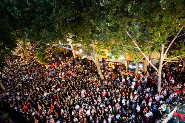 A general view of a watch party of the World Cup Group D soccer match between Turkey and the United States at San Pedro Square in San Jose, Calif., on Thursday, June 25, 2026. (Thien-An Truong for Bay Area News Group)