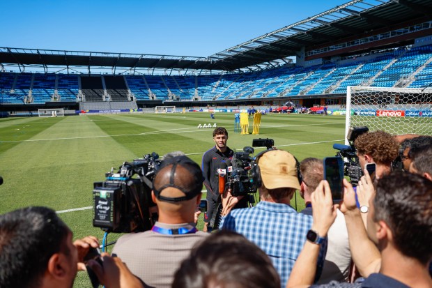 The United States' Christian Pulisic speaks during a press conference before a practice at PayPal Park in San Jose, Calif., on Tuesday, June 30, 2026. (Shae Hammond/Bay Area News Group)