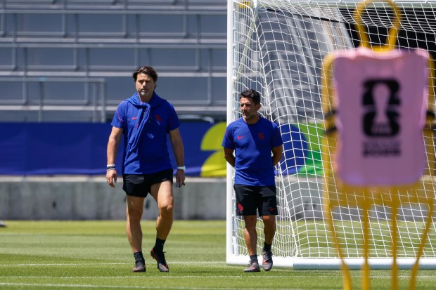 United States' head coach Mauricio Pochettino, left, walks on the field during practice at PayPal Park in San Jose, Calif., on Tuesday, June 30, 2026. (Shae Hammond/Bay Area News Group)