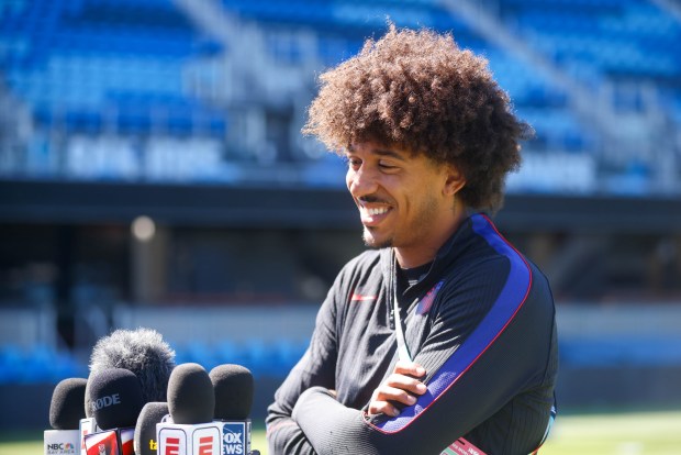 The United States' Chris Richards speaks during a press conference before a practice at PayPal Park in San Jose, Calif., on Tuesday, June 30, 2026. (Shae Hammond/Bay Area News Group)