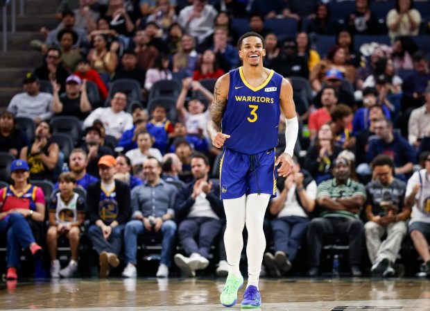 Golden State Warriors' Will Richard (3) celebrates after making a shot against the Los Angeles Lakers in the second quarter during a Summer League game at Chase Center in San Francisco, Calif., on Friday, July 3, 2026. (Shae Hammond/Bay Area News Group)