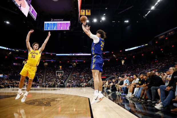 Golden State Warriors' Lajae Jones (25) takes a shot against Los Angeles Lakers' Peter Suder (35) in the second quarter during a Summer League game at Chase Center in San Francisco, Calif., on Friday, July 3, 2026. (Shae Hammond/Bay Area News Group)
