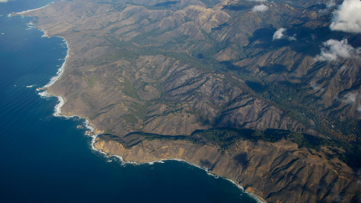 Aerial view of Big Sur, the Santa Lucia coastal mountain range and the Los Padres National Forest