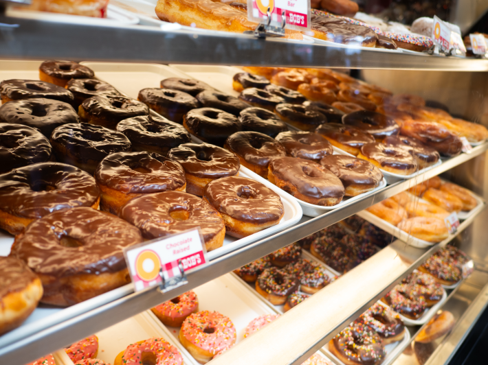 donuts in a display case
