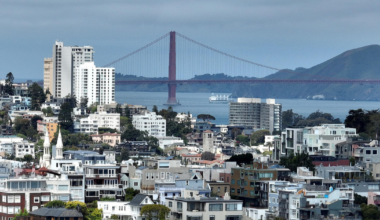 A dense urban area with various residential buildings, hills in the background, and the Golden Gate Bridge spanning across a blue body of water.