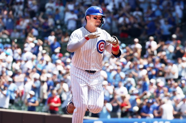 Cubs right fielder Seiya Suzuki rounds the bases after hitting a three-run home run against the Padres in the first inning at Wrigley Field on July 1, 2026. (Terrence Antonio James/Chicago Tribune)