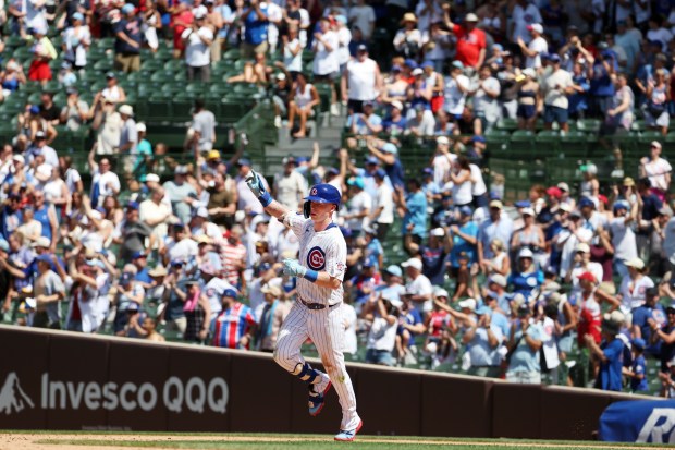 Cubs center fielder Pete Crow-Armstrong (4) rounds the bases after hitting a home run against the Padres in the fifth inning at Wrigley Field on July 1, 2026. (Terrence Antonio James/Chicago Tribune)
