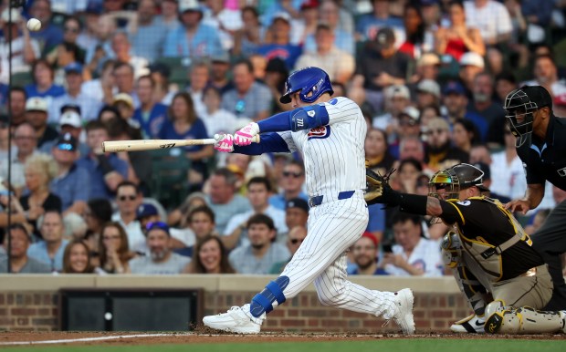 Chicago Cubs third baseman Alex Bregman (3) hits a three-run home run in the second inning of a game against the San Diego Padres at Wrigley Field in Chicago on June 30, 2026. (Chris Sweda/Chicago Tribune)