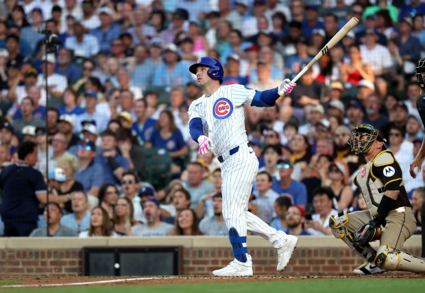 Chicago Cubs third baseman Alex Bregman (3) hits a three-run home run in the second inning of a game against the San Diego Padres at Wrigley Field in Chicago on June 30, 2026. (Chris Sweda/Chicago Tribune)
