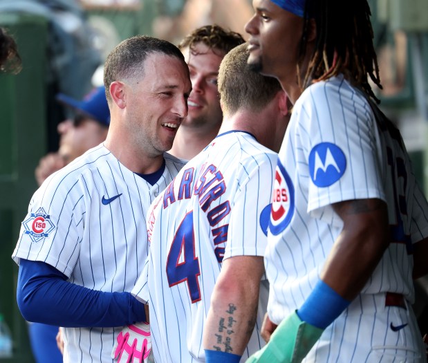 Chicago Cubs third baseman Alex Bregman has a laugh with his teammates in the dugout after hitting a three-run home run in the second inning of a game against the San Diego Padres at Wrigley Field in Chicago on June 30, 2026. (Chris Sweda/Chicago Tribune)