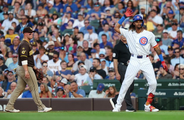 Chicago Cubs right fielder Kevin Alcántara (13) celebrates at first base after his single in the second inning of a game against the San Diego Padres at Wrigley Field in Chicago on June 30, 2026. (Chris Sweda/Chicago Tribune)