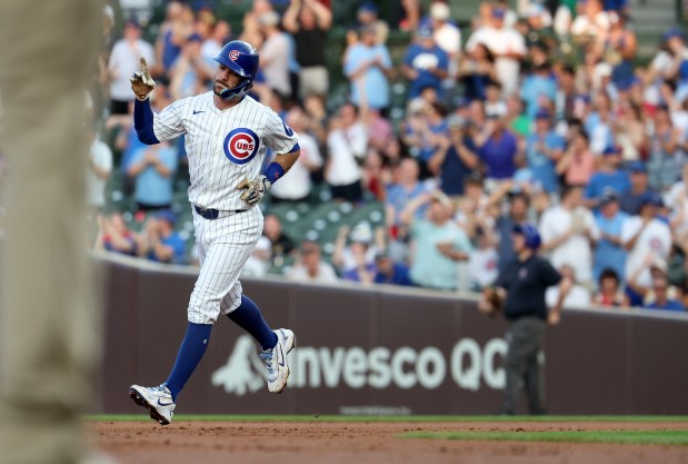 Chicago Cubs shortstop Dansby Swanson (7) rounds the bases after hitting a solo home run in the second inning of a game against the San Diego Padres at Wrigley Field in Chicago on June 30, 2026. (Chris Sweda/Chicago Tribune)