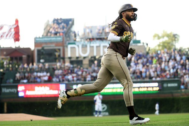 San Diego Padres right fielder Fernando Tatis Jr. rounds the bases after hitting a solo home run in the first inning of a game against the Chicago Cubs at Wrigley Field in Chicago on June 30, 2026. (Chris Sweda/Chicago Tribune)