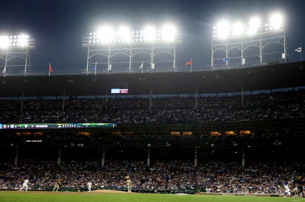 Chicago Cubs shortstop Dansby Swanson hits a two-run home run in the fifth inning of a game against the San Diego Padres at Wrigley Field in Chicago on June 30, 2026. (Chris Sweda/Chicago Tribune)