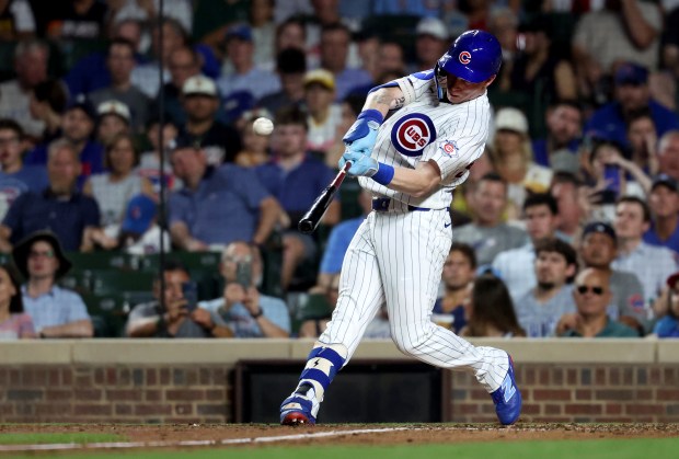 Chicago Cubs center fielder Pete Crow-Armstrong hits a solo home run in the sixth inning of a game against the San Diego Padres at Wrigley Field in Chicago on June 30, 2026. (Chris Sweda/Chicago Tribune)