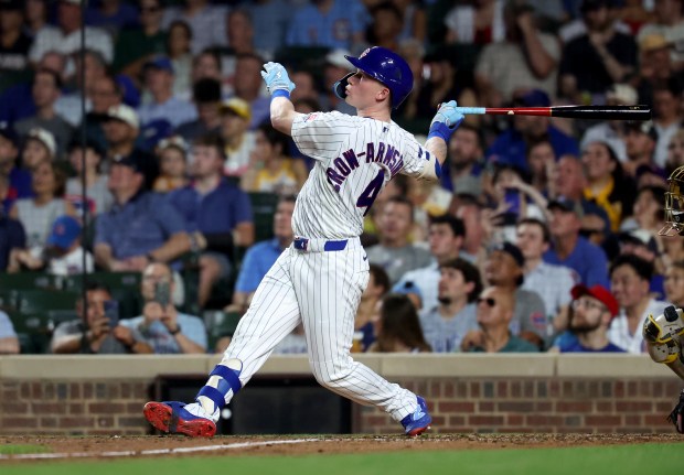 Chicago Cubs center fielder Pete Crow-Armstrong hits a solo home run in the sixth inning of a game against the San Diego Padres at Wrigley Field in Chicago on June 30, 2026. (Chris Sweda/Chicago Tribune)